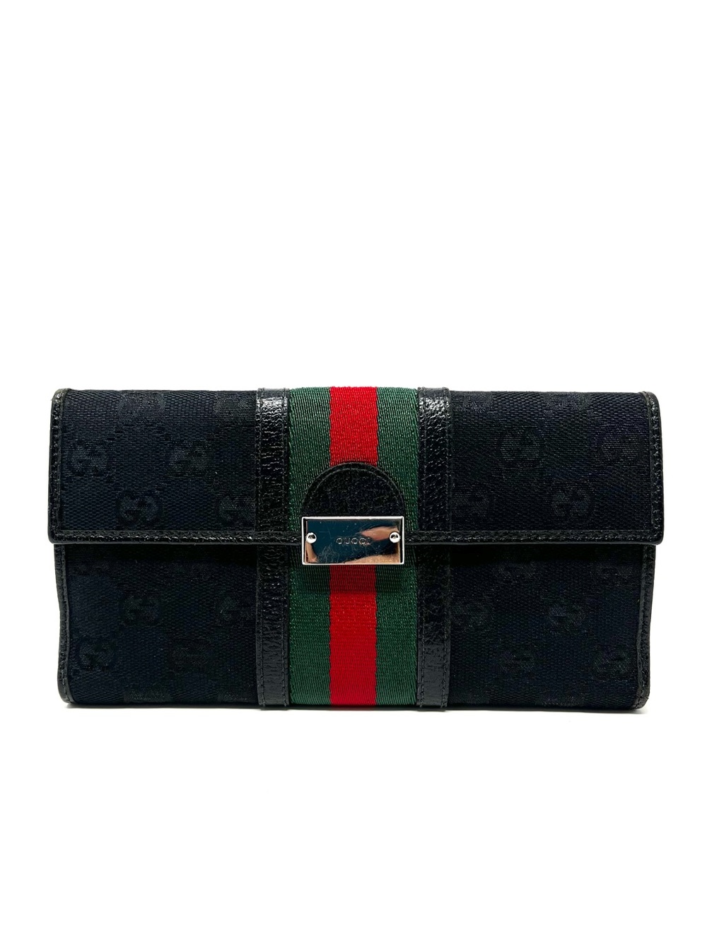 Authentic Gucci Black GG Logo Monogram Canvas Leather Long Bifold Card Wallet